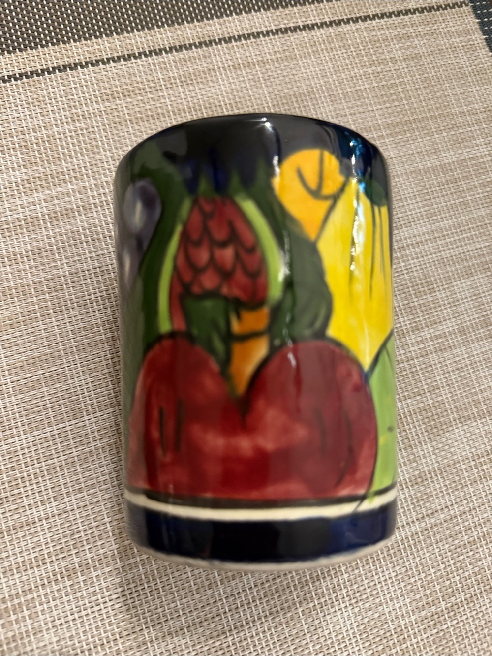 Mexico Hand-Painted Ceramic Fruit Tumbler  Planter Holder with Blue Rim - Picture 11 of 14